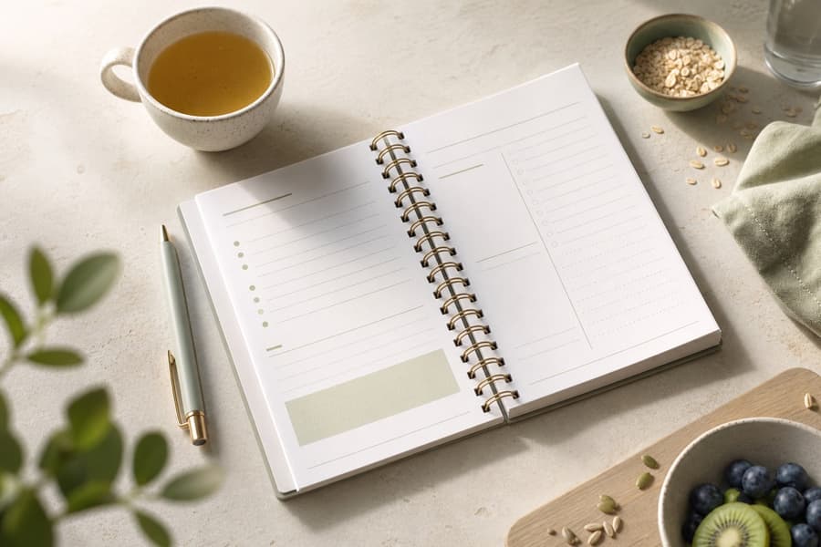 Carnet de suivi alimentaire ouvert avec un stylo et une tisane