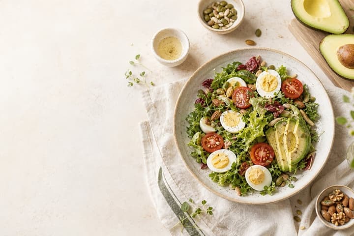 Assiette composée avec crudités, oeuf et graines